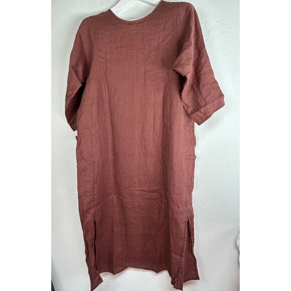 Tancredi & Morgen Women's Shift Midi Dress 3/4 Sleeve Brown Pockets Side Slit L - Picture 2 of 6